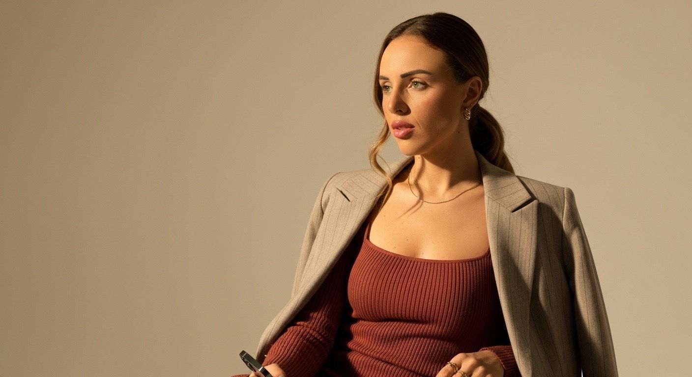 Aline Quintino usando blazer em um ensaio com iluminação natural